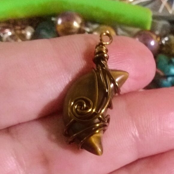 Wire Wrapped Tigereye Moon + Turquoise Howlite ~ One-of-a-kind Dangle Earrings - Picture 9 of 13